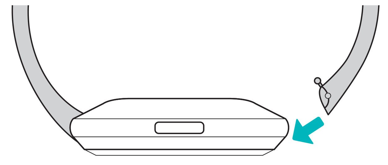 smartwatch boca abajo sobre una superficie plana con la correa insertada en un ligero ángulo hacia arriba con respecto a la carcasa